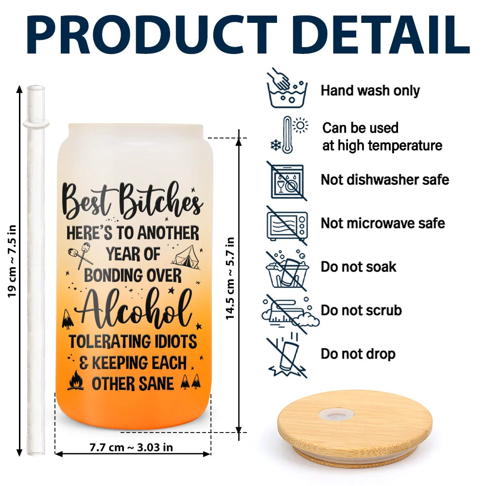 Camping, Campsite, Gift For Bestie, Happy - Warning The Girls Are Drinking Again Camping - Personalized Ombre Frosted Glass Can