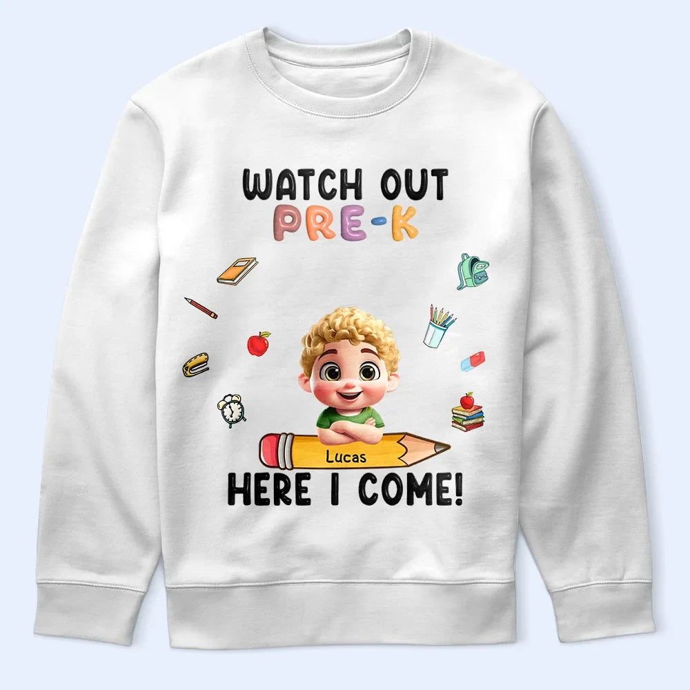 Gift For Kids,Gift For Grandkids,Back To School,Happy - Watch Out Kindergarten Here I Come - Personalized T Shirt