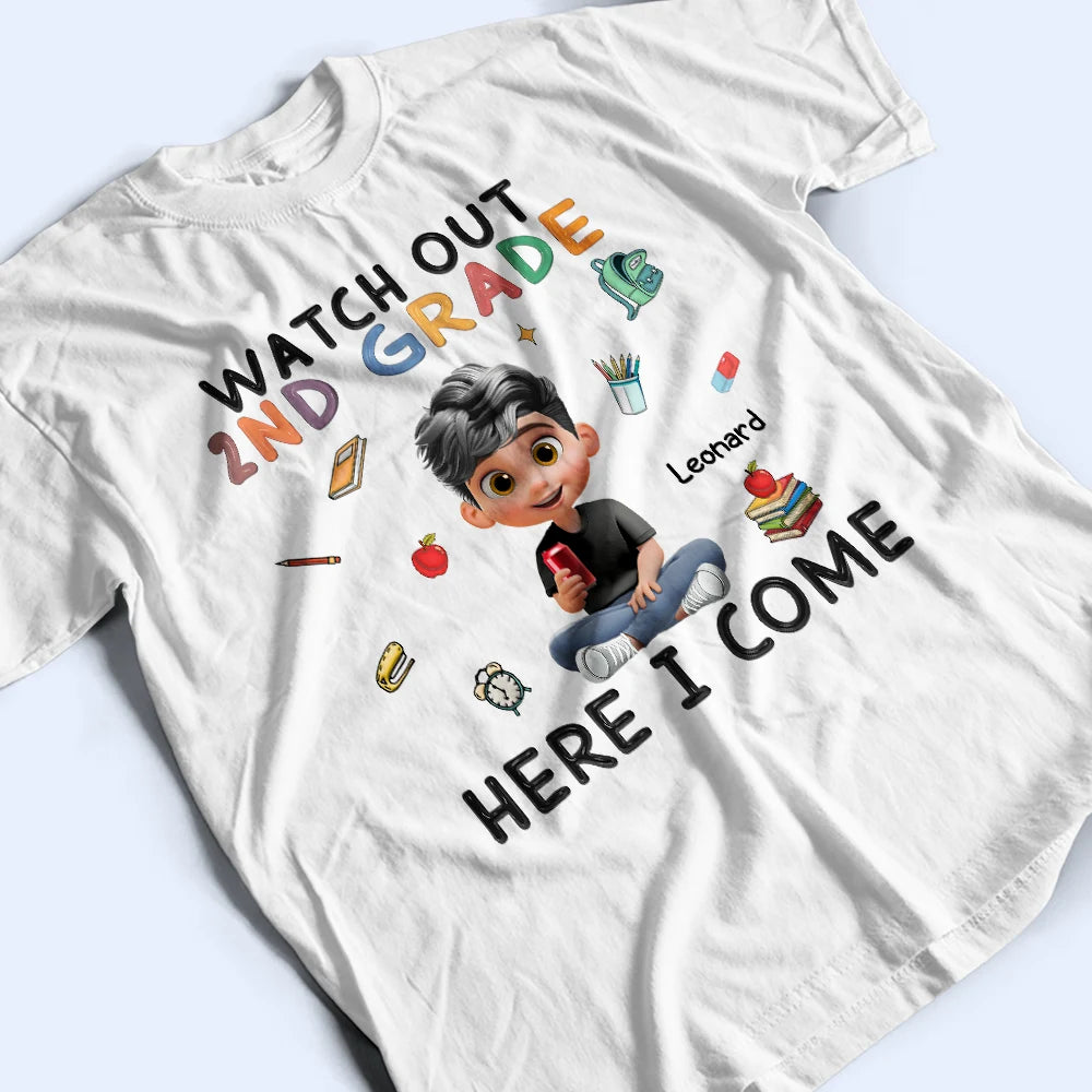 Gift For Kids,Gift For Grandkids,Back To School,Happy -  Watch Out Kindergarten Here I Come Sitting Kid - Personalized T Shirt 