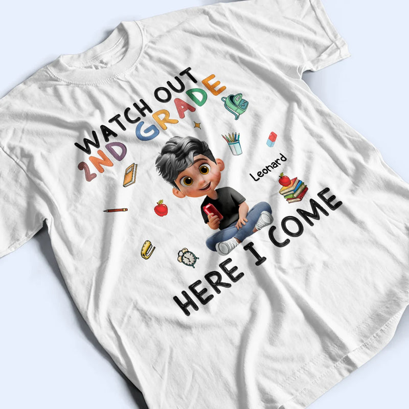 Gift For Kids,Gift For Grandkids,Back To School,Happy -  Watch Out Kindergarten Here I Come Sitting Kid - Personalized T Shirt 