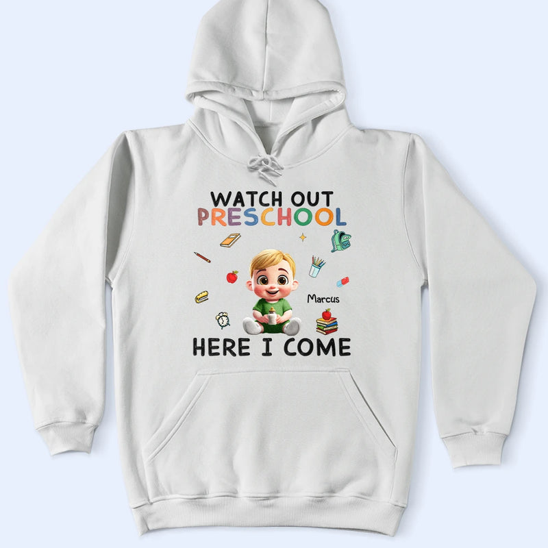 Gift For Kids,Gift For Grandkids,Back To School,Happy -  Watch Out Kindergarten Here I Come Sitting Kid - Personalized T Shirt 