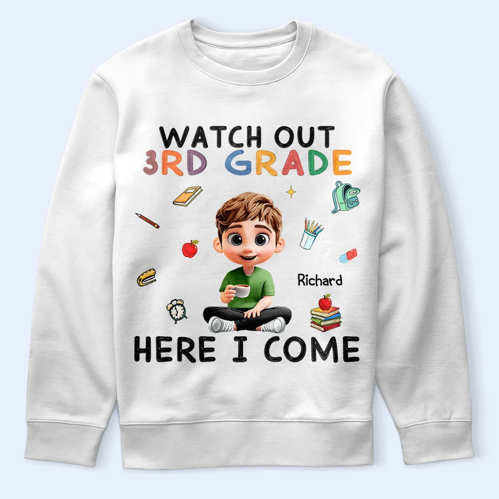 Gift For Kids,Gift For Grandkids,Back To School,Happy -  Watch Out Kindergarten Here I Come Sitting Kid - Personalized T Shirt 