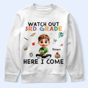 Gift For Kids,Gift For Grandkids,Back To School,Happy -  Watch Out Kindergarten Here I Come Sitting Kid - Personalized T Shirt 