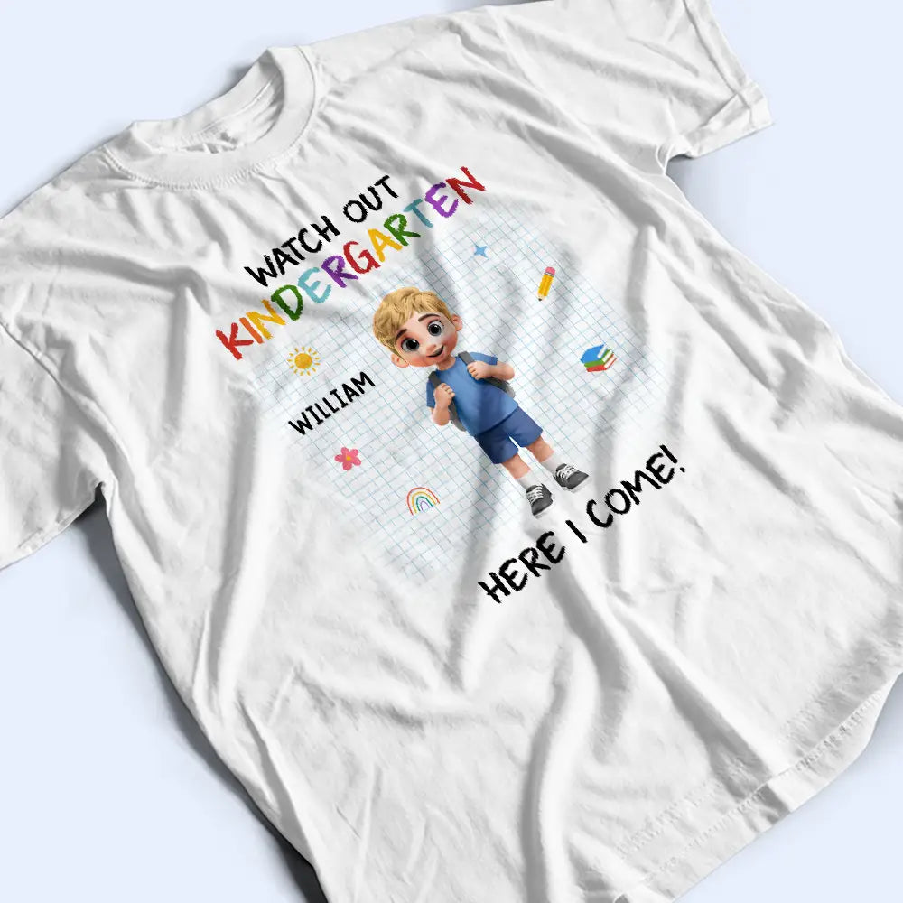 Adorable,Back To School,Gift For Kids,Vector - Watch Out Kindergarten Kid With Backpack - Personalized T Shirt