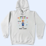 Adorable,Back To School,Gift For Kids,Vector - Watch Out Kindergarten Kid With Backpack - Personalized T Shirt