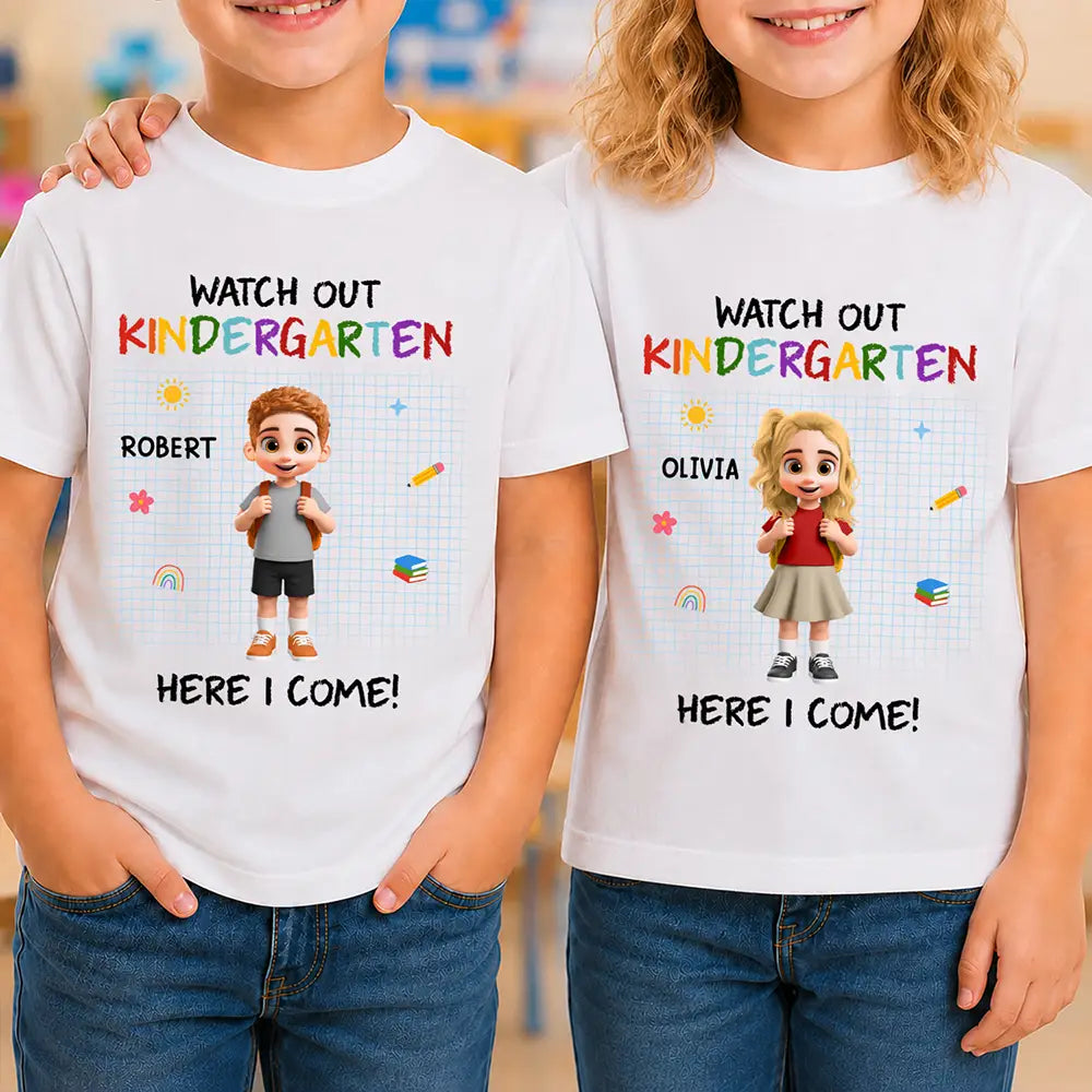 Watch Out Kindergarten Kid With Backpack - Personalized T Shirt