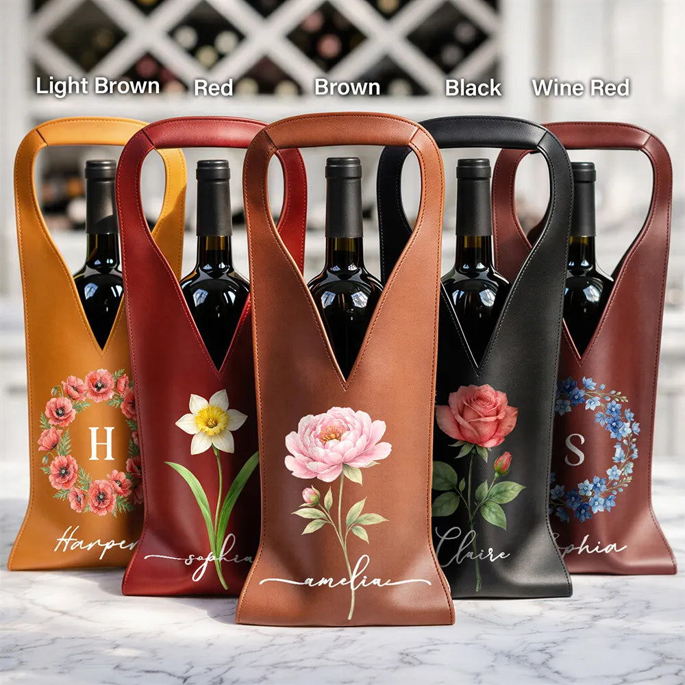 Gift For Mother,Gift For Grandma,Gift For Bestie,Happy,Gift For Women,Gift For Yourself,Icon - Watercolor Birth Flower Custom Name - Personalized Leather Wine Bag