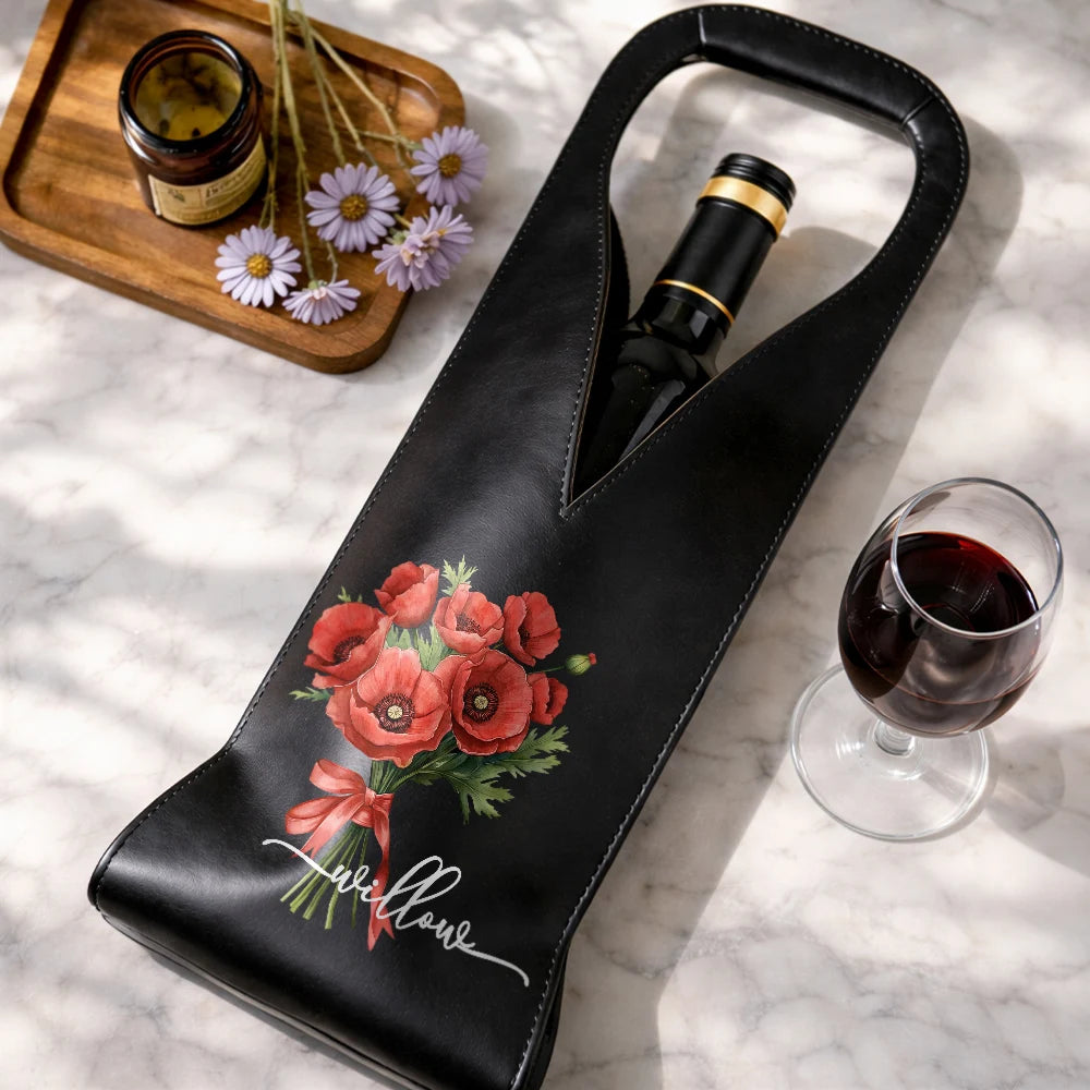 Gift For Mother,Gift For Grandma,Gift For Bestie,Happy,Gift For Women,Gift For Yourself,Icon - Watercolor Birth Flower Custom Name - Personalized Leather Wine Bag