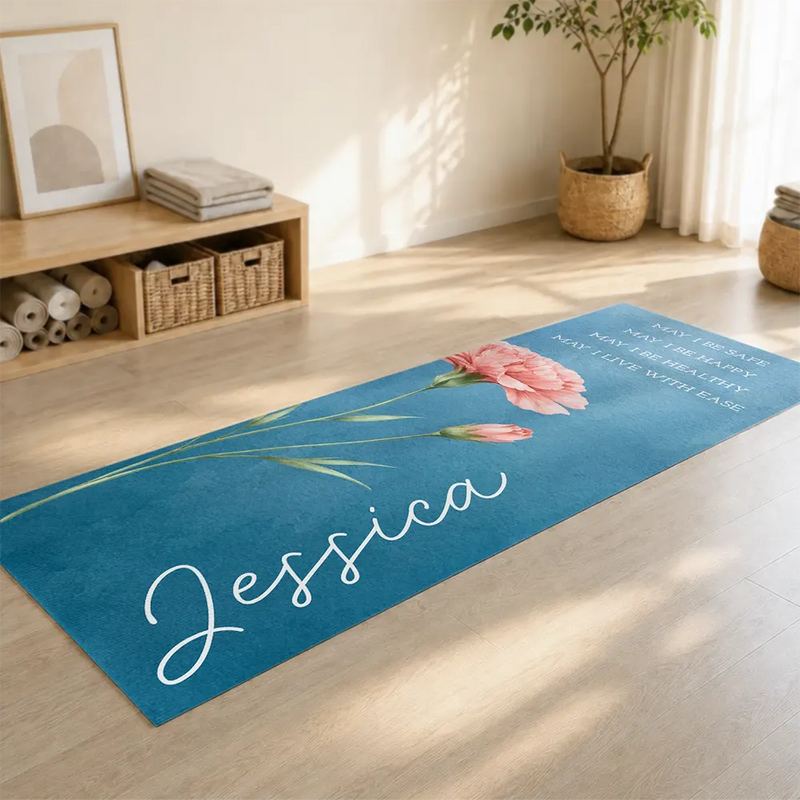 Gift For Yourself,Gift For Women,Yoga,Healing,Icon - Watercolor Birth Flower With Name - Personalized Yoga Mat