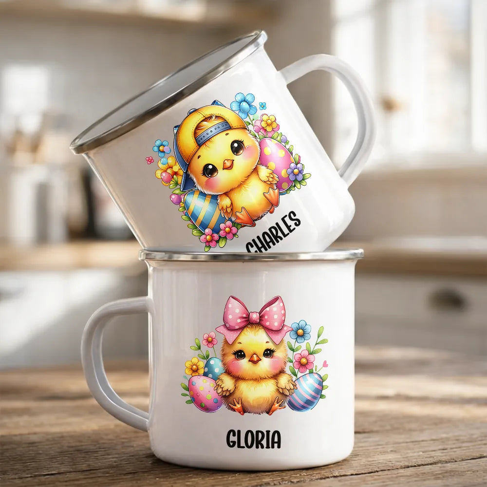 Easter, Happy, Gift For Kids, Parents - Watercolor Bunny Chicken - Personalized Enamel Mug