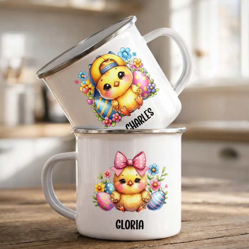 Easter, Happy, Gift For Kids, Parents - Watercolor Bunny Chicken - Personalized Enamel Mug