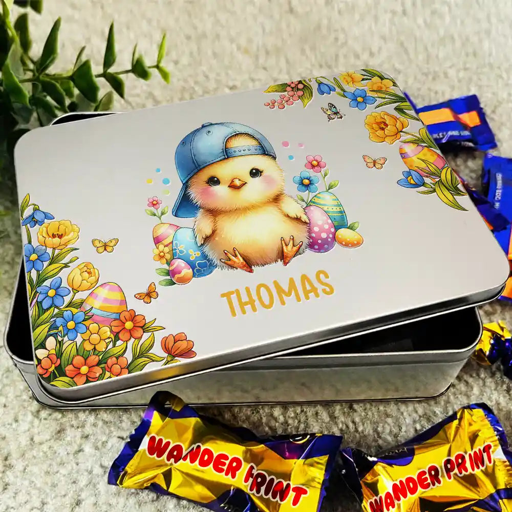 Easter, Happy, Gift For Kids, Parents - Watercolor Bunny Chicken With Name - Personalized Metal Biscuit Tin