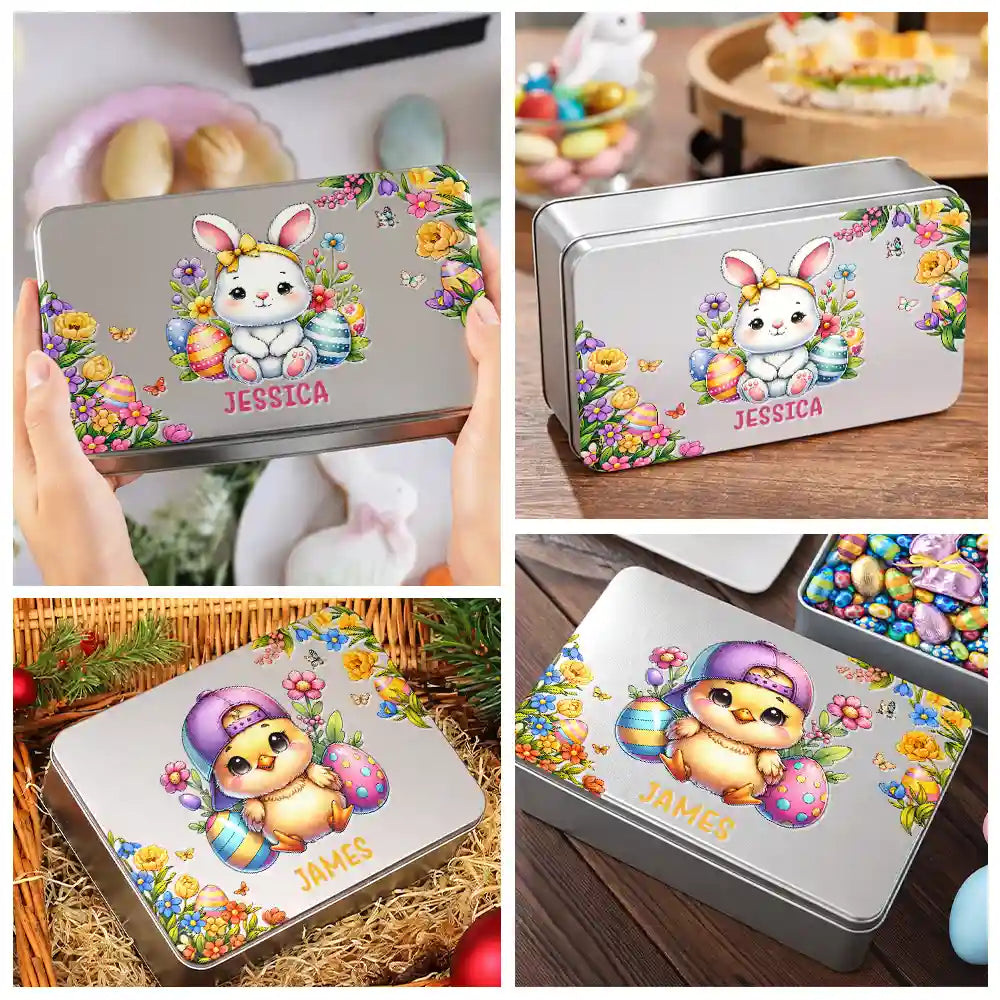 Easter, Happy, Gift For Kids, Parents - Watercolor Bunny Chicken With Name - Personalized Metal Biscuit Tin