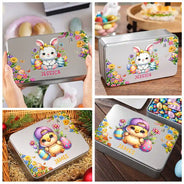 Easter, Happy, Gift For Kids, Parents - Watercolor Bunny Chicken With Name - Personalized Metal Biscuit Tin