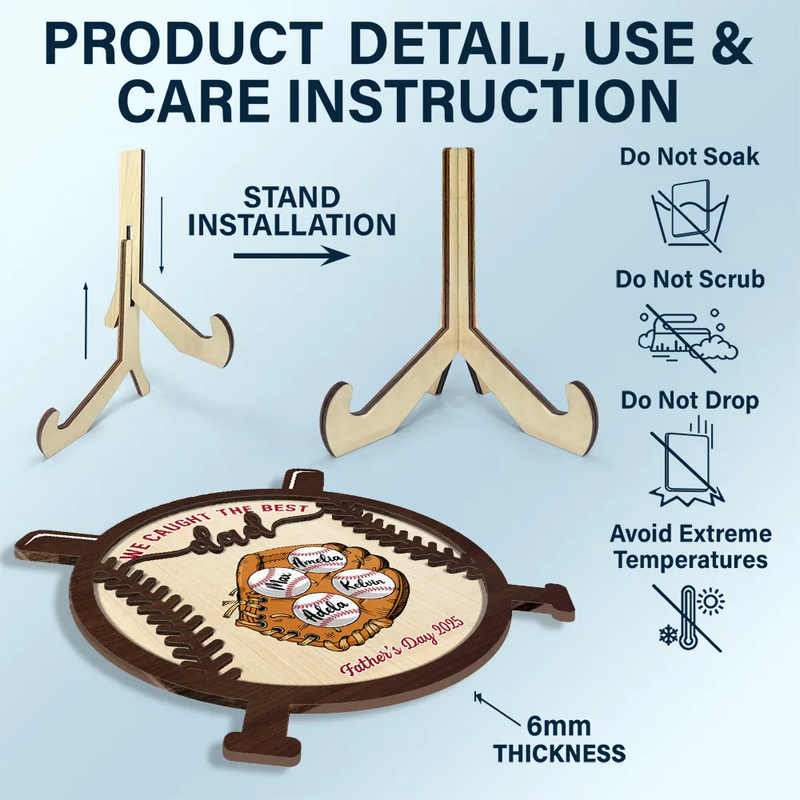 Gift For Husband,Gift For Men,Gift For Grandpa,Grandpa's Hobby,Grandpa - Grandkids,Dad - Children,Dad's Hobby,Sport Dad,Baseball,Happy - We Caught The Best Dad - Personalized 2-Layered Wooden Plaque With Stand