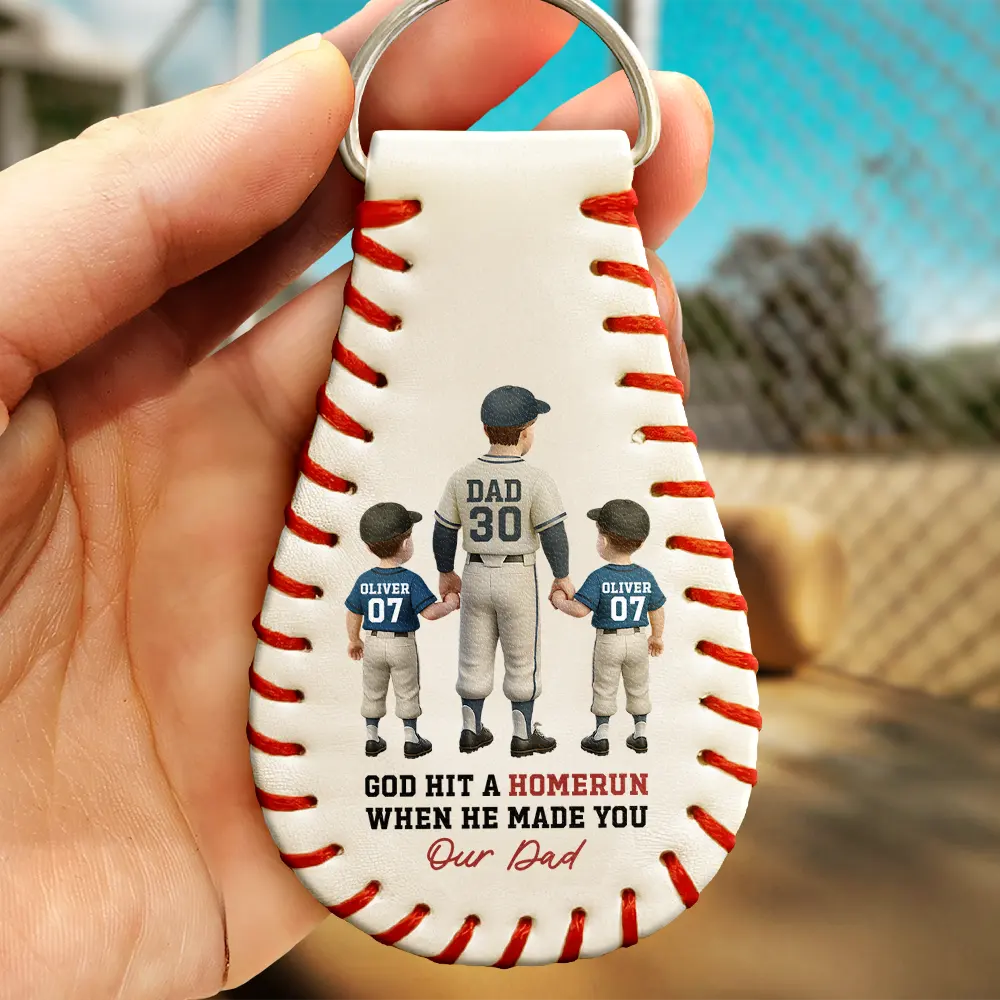 Gift For Father,Baseball,Dad,Children - We Hit A Homerun Scoring You As Our Dad - Personalized Leather Baseball Keychain