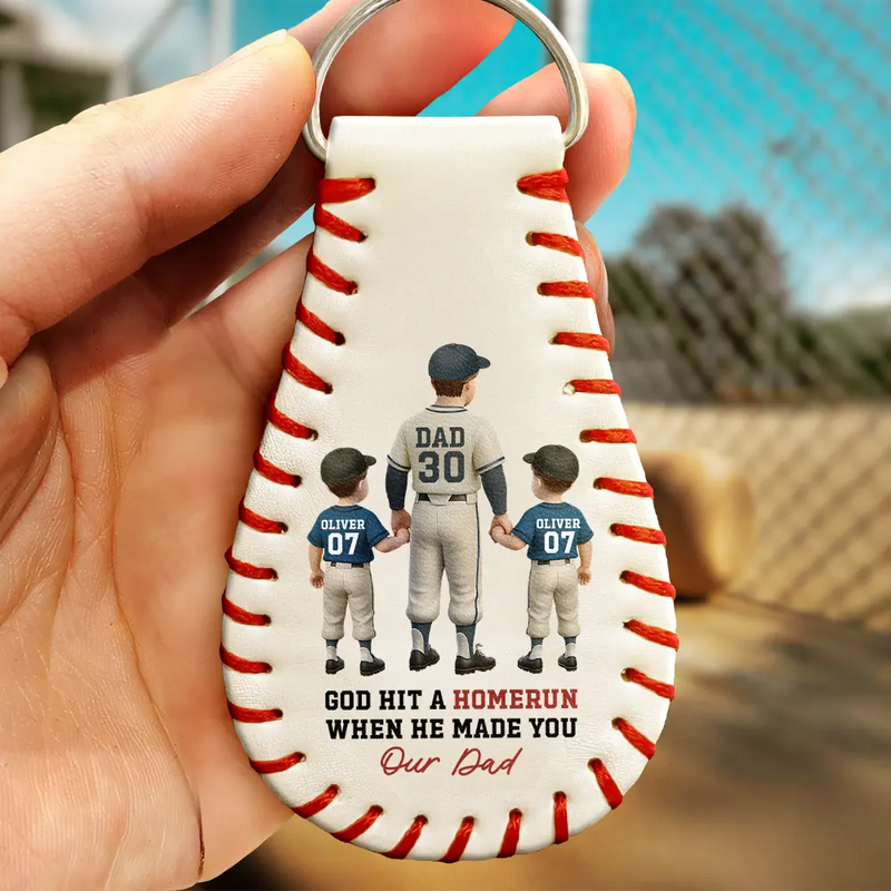 Gift For Father,Baseball,Dad,Children - We Hit A Homerun Scoring You As Our Dad - Personalized Leather Baseball Keychain