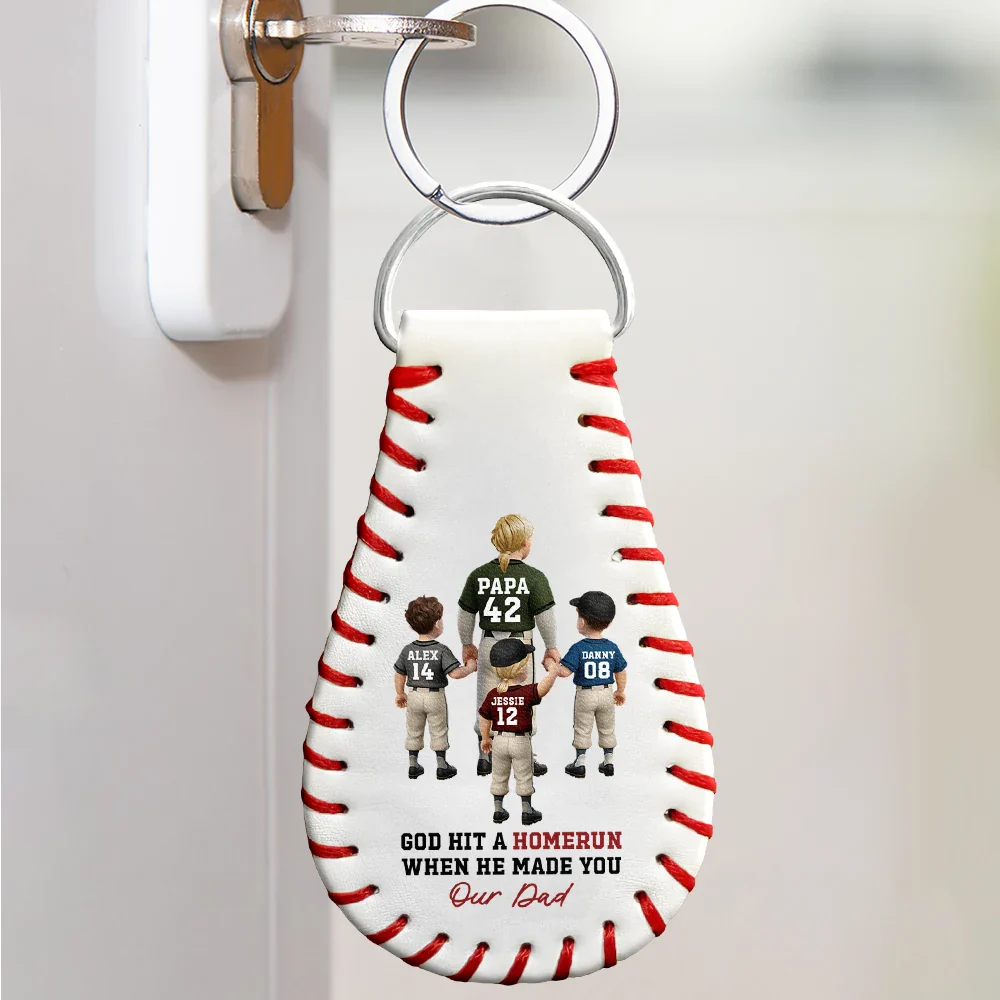 Gift For Father,Baseball,Dad,Children - We Hit A Homerun Scoring You As Our Dad - Personalized Leather Baseball Keychain