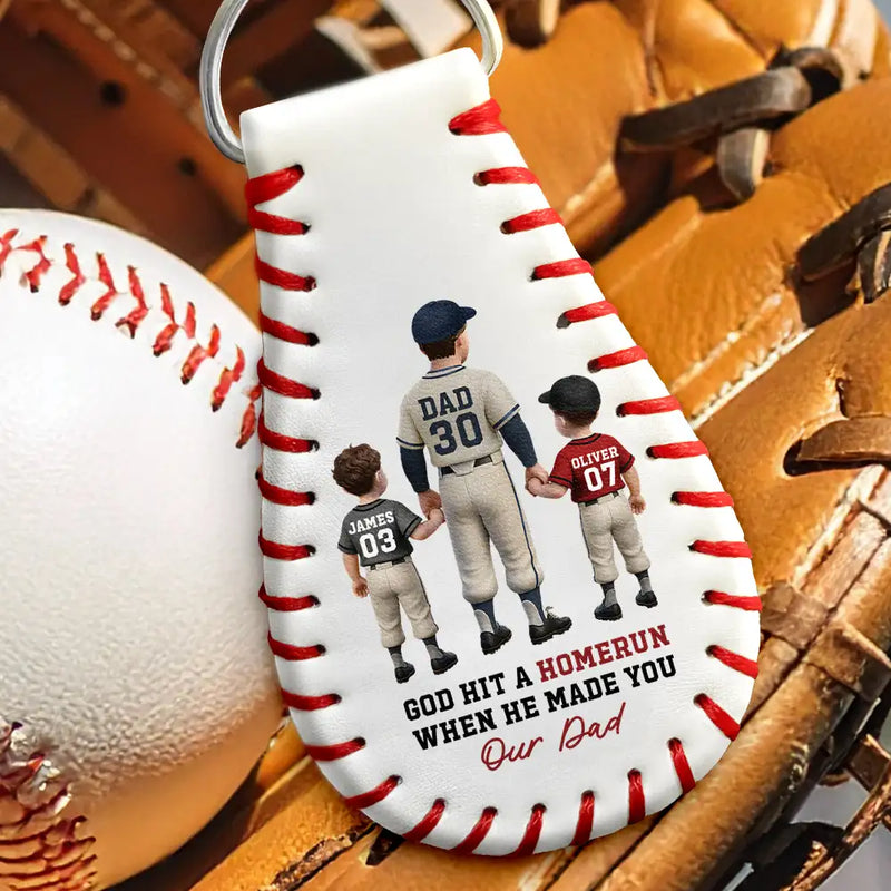 Gift For Father,Baseball,Dad,Children - We Hit A Homerun Scoring You As Our Dad - Personalized Leather Baseball Keychain
