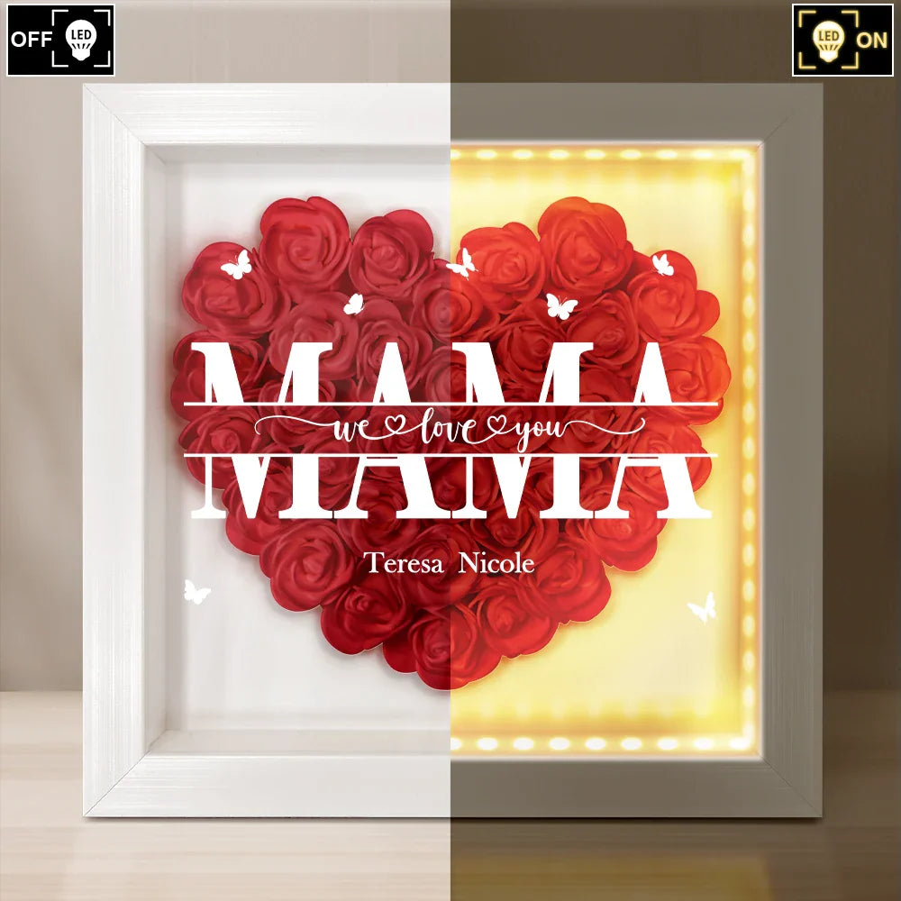 Gift For Mother, Mom - Children, Happy - We Love You Mom Grandma - Personalized LED Light Flower Shadow Box
