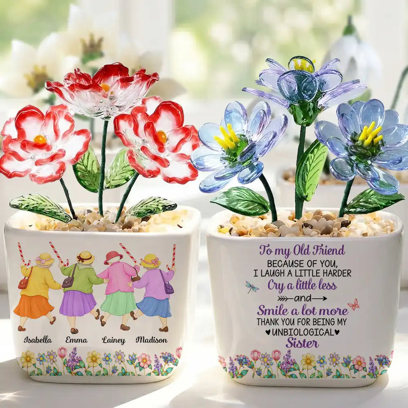 Gift For Bestie, Old Besties, Top Market, Humorous, Vector - We'll Be Friends Until We're Old And Senile - Personalized Glass Flower Plant Pot