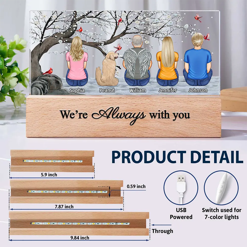 Love,Memorial,Family,Parents,Gift For Grandparents,Gift For Sibling - We're Always With You Memorial Family - Personalized Rectangle LED Light
