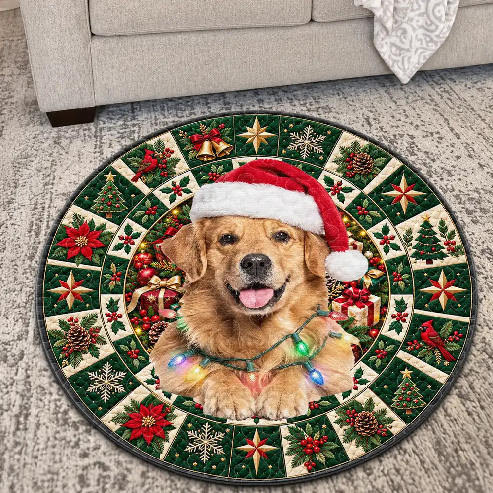 Art Design,Christmas,Custom Photo,Dog Lovers,Indoor Decor,Pet Lovers,Photo - Santa Hat Lying Pet,Playful,Top Market - Gift For Dog Lovers - Personalized Custom Photo Christmas Decor Rug