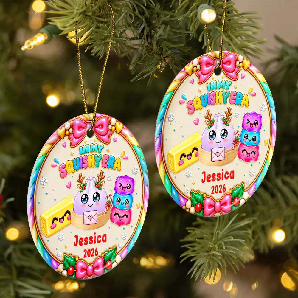 Christmas, Gift For Kids, Icon, Playful - Christmas Gift For Kids Girls Squishy Lovers - Personalized The Year Of Squishy Hunting Circle Ceramic Ornament