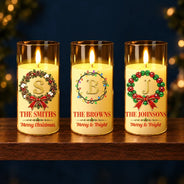 Christmas,Family,Icon,Sentimental - Christmas Home Decor Gift For Family - Personalized Monogram & Family Name Gold Initial In Holly Wreath LED Candle