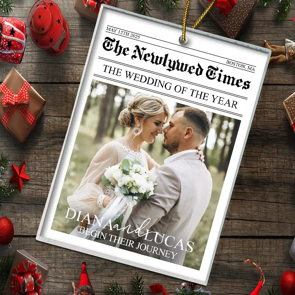 Christmas,Custom Photo,First Christmas,Gift For Couples,Married Couple,Romantic,Top Market,Upload Full Photo - Christmas Gift For Newlywed Couples - Personalized Custom Photo Newspaper Acrylic Ornament