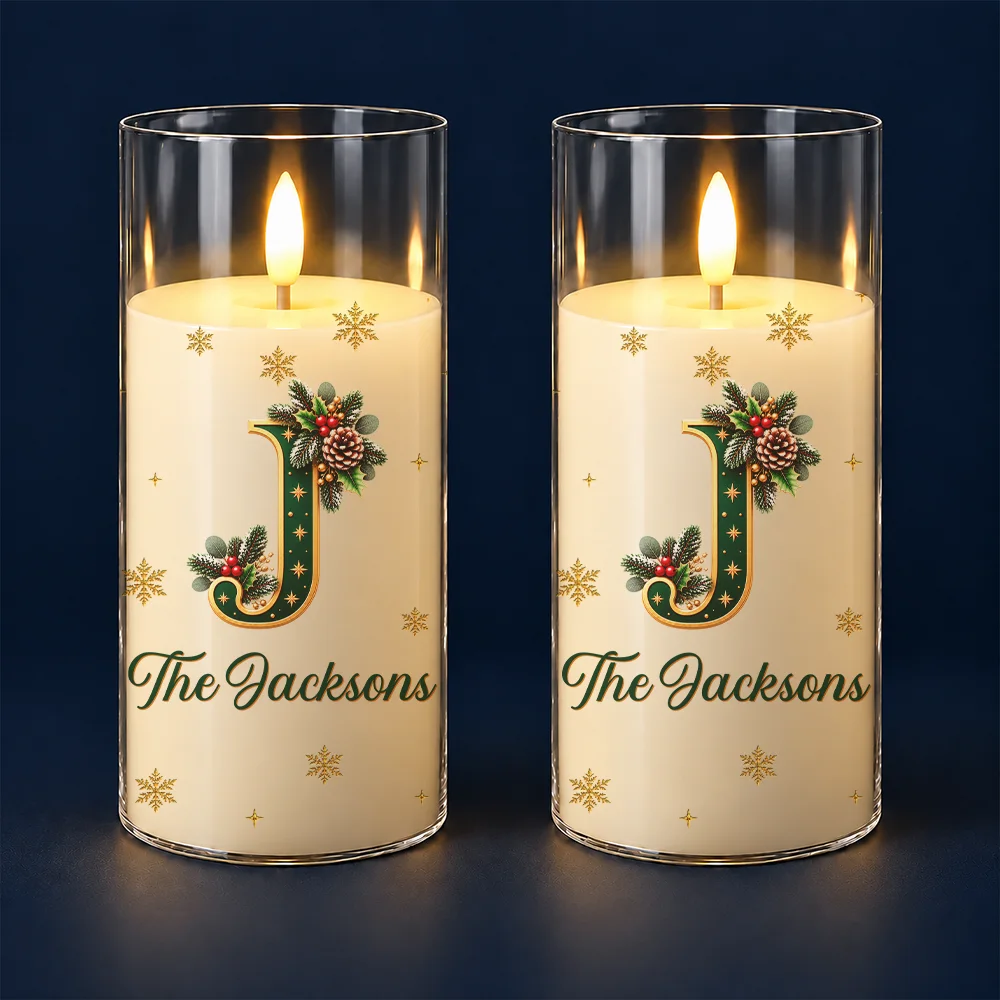 Christmas,Family,Icon,Sentimental - Christmas Home Decor Gift For Family - Personalized Monogram & Family Name Holly Botanical Initial LED Candle