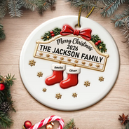 Christmas,Family,Happy,Icon - Christmas Gift For Family - Personalized Christmas Stocking 3D Embossed Circle Ceramic Ornament