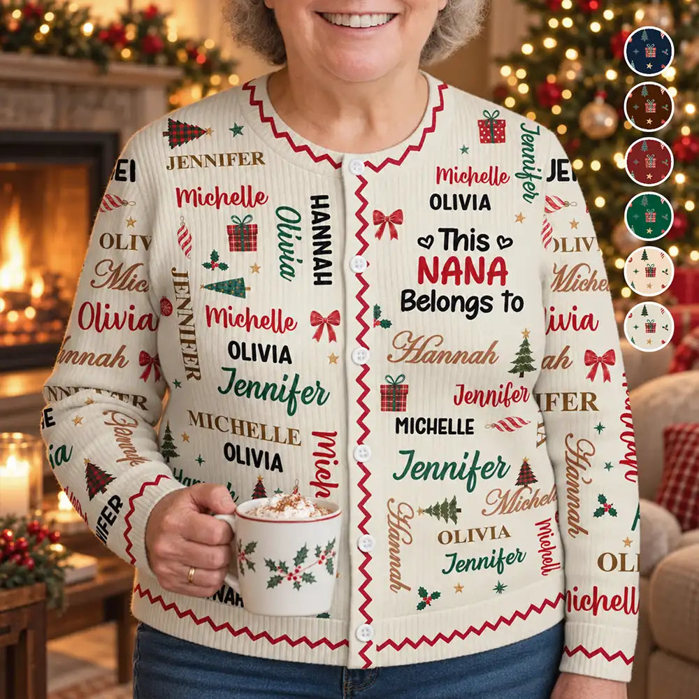 Christmas, Custom Text, Gift For Grandma, Gifts For Her, Happy - Christmas Gift For Grandma Nana - Personalized Kids Names Cardigan
