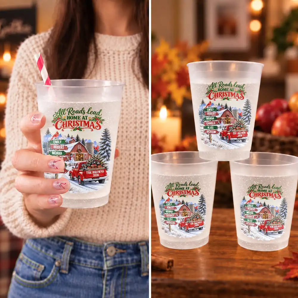 Christmas, Custom Text, Family, Sympathetic - Christmas Gift For Family Gathering - Personalized Family & Member Names All Roads Lead Home At Christmas Frosted Cups