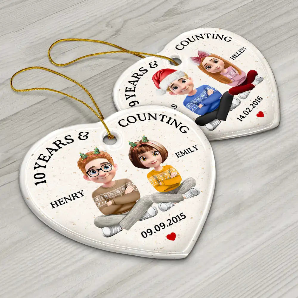 Love, Gift For Couples, Gift For Husband, Gift For Wife, Christmas, Wedding Anniversary, Married - Wedding Anniversary Many Years And Couting - Personalized Heart Ceramic Ornament