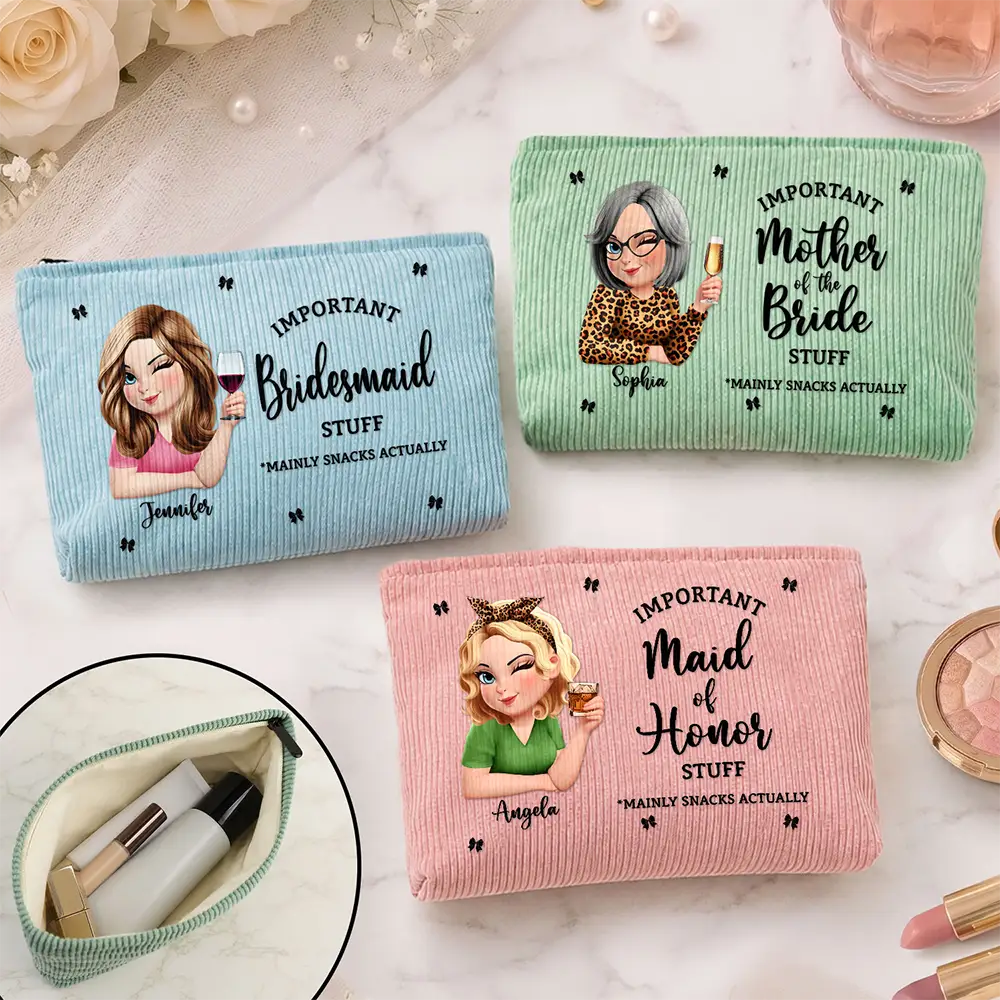 Confident, Bachelorette, Gift For Yourself, Gift For Women, Vector - Wedding Day Important Bride Bridesmaid Stuff - Personalized Corduroy Makeup Bag