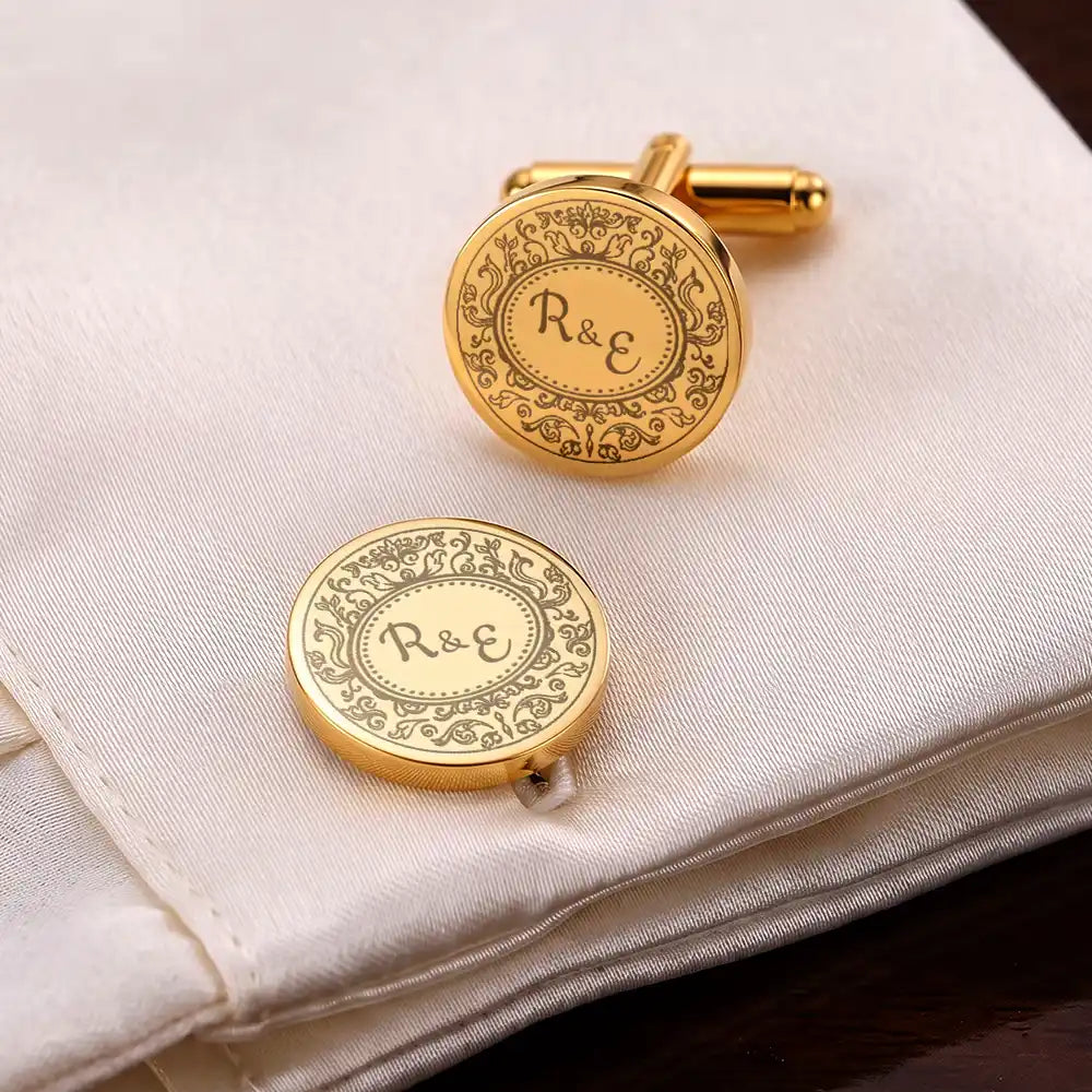 Gift For Brother, Gift For Cousin, Gift For Sibling, Romantic, Wedding, Custom Text - Wedding Initials Date - Personalized Circular Cufflinks