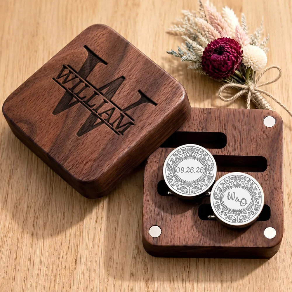 Gift For Brother, Gift For Cousin, Gift For Sibling, Romantic, Wedding, Custom Text - Wedding Initials Date - Personalized Circular Cufflinks