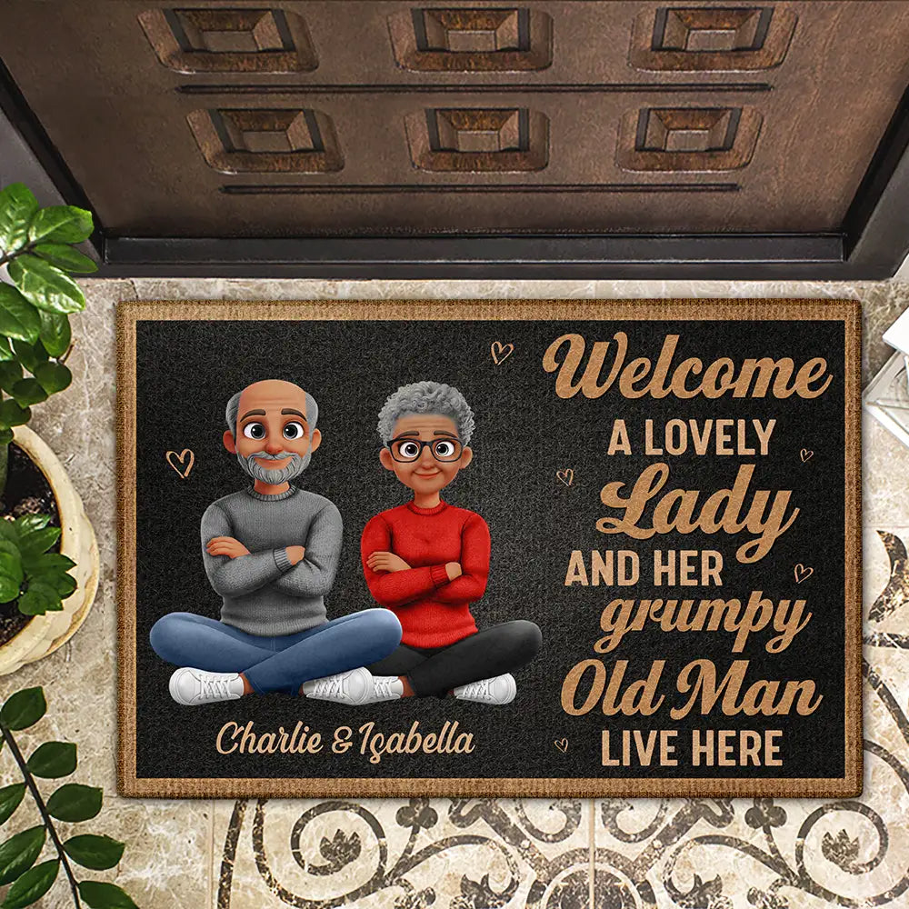 Gift For Couples, Old Couples, Funny, Gift For Husband, Gift For Wife - Welcome A Lovely Lady And A Grumpy Old Man Live Here 3D Effect - Personalized Doormat