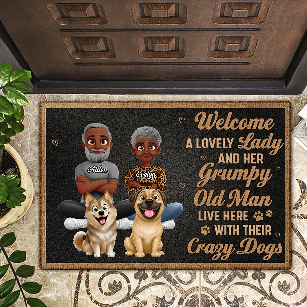 Gift For Couples,Old Couples,Gift For Husband,Gift For Wife,Dog Lovers,Dog Couple,Pet Lovers,Funny - Welcome A Lovely Lady And A Grumpy Old Man Live Here 3D Effect Dog - Personalized Doormat