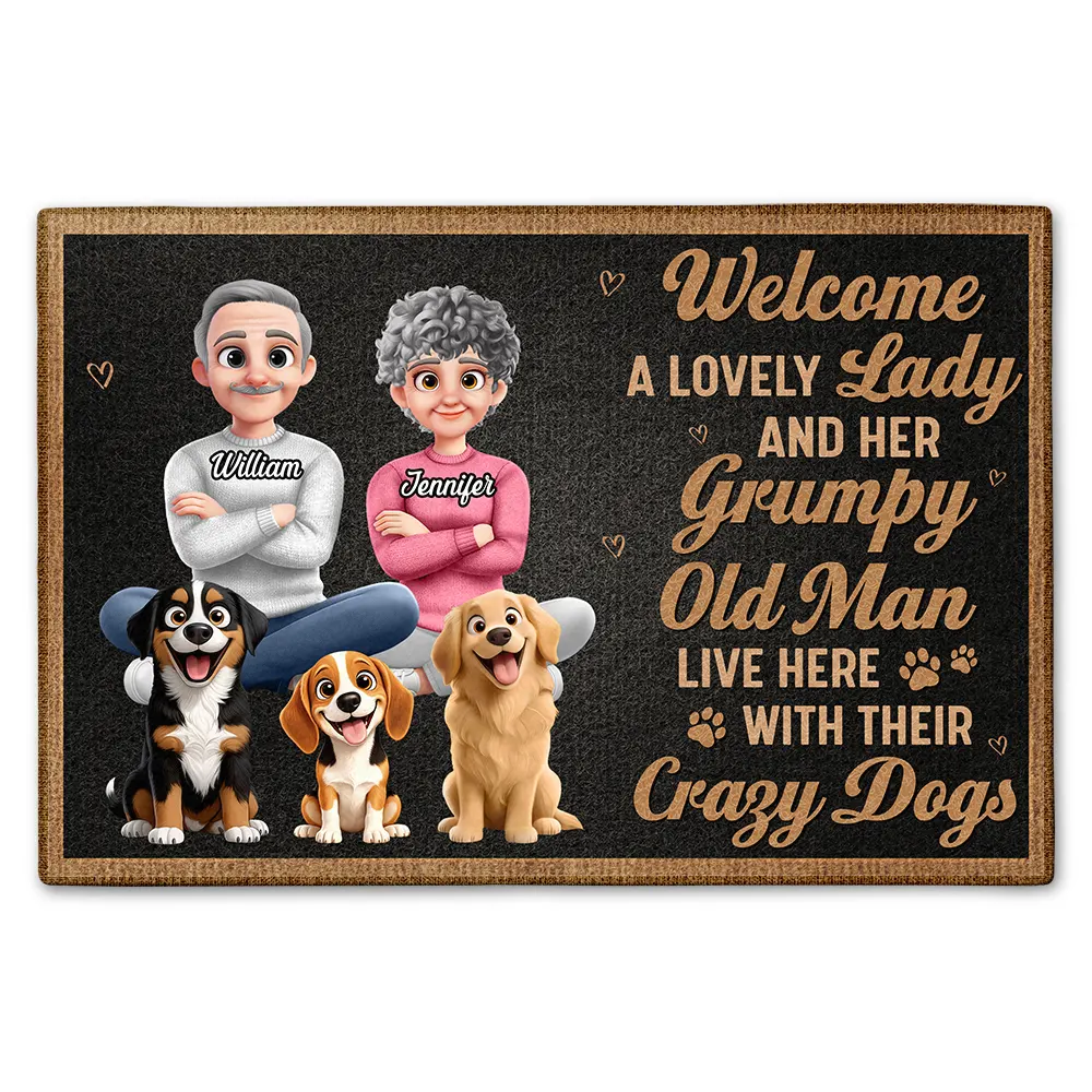 Gift For Couples,Old Couples,Gift For Husband,Gift For Wife,Dog Lovers,Dog Couple,Pet Lovers,Funny - Welcome A Lovely Lady And A Grumpy Old Man Live Here 3D Effect Dog - Personalized Doormat