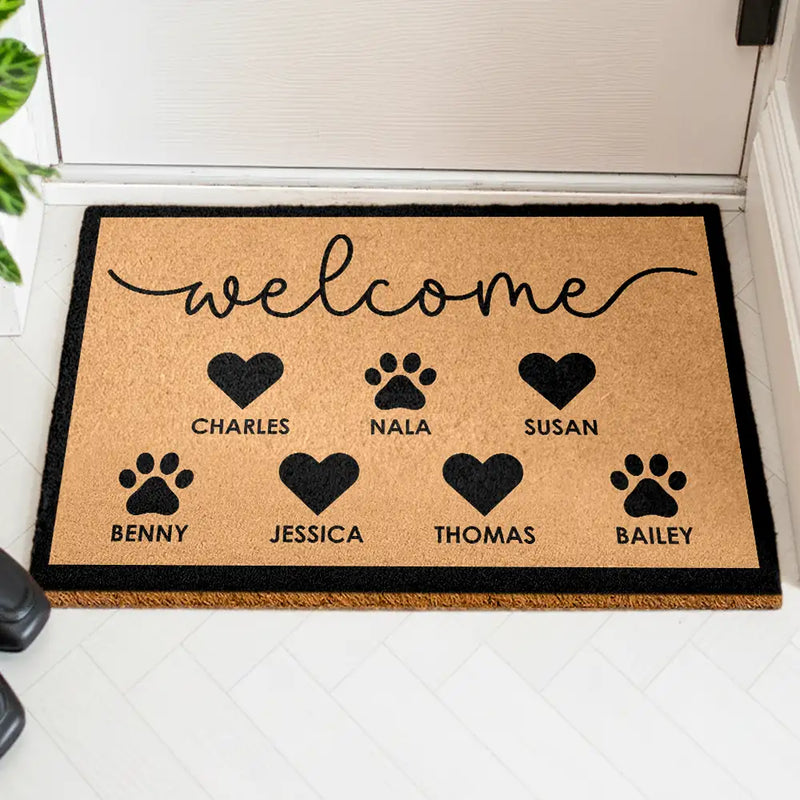 Family,Parents,Gift For Kids,Happy - Welcome Family Heart Pawprints - Personalized Coconut Doormat