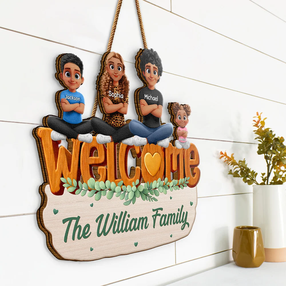 Parents,Gift For Grandparents,Family,Happy - Welcome Happy Family 3D Effect - Personalized Custom Shaped Wood Sign