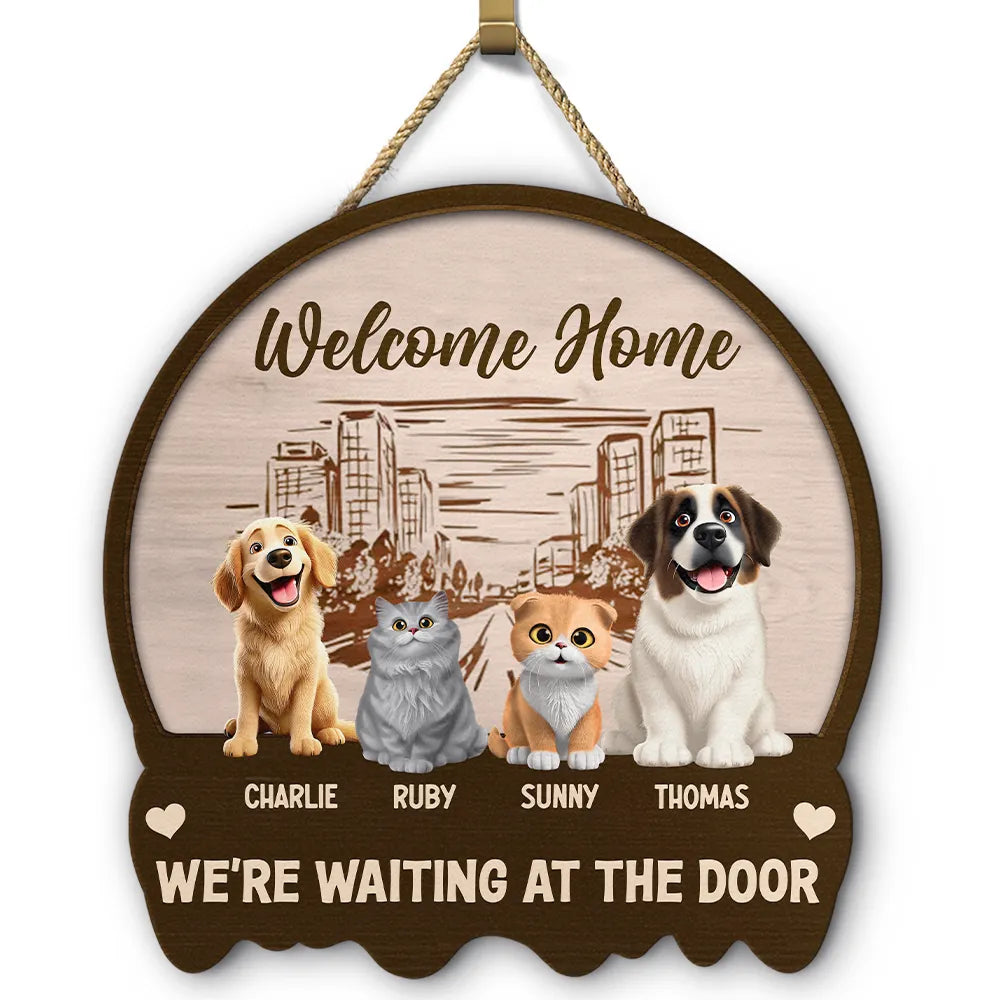 Welcome Home We're Waiting At The Door - Personalized Custom Shaped Wood Sign