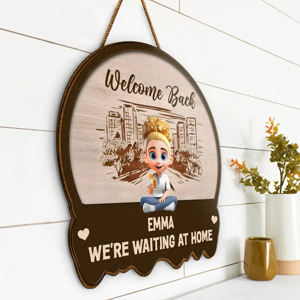 Family,Happy,Gift For Father,Gift For Mother - Welcome Home We're Waiting At The Door - Personalized Custom Shaped Wood Sign