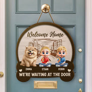 Family,Happy,Gift For Father,Gift For Mother - Welcome Home We're Waiting At The Door - Personalized Custom Shaped Wood Sign