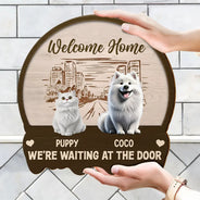 Family,Happy,Gift For Father,Gift For Mother - Welcome Home We're Waiting At The Door - Personalized Custom Shaped Wood Sign