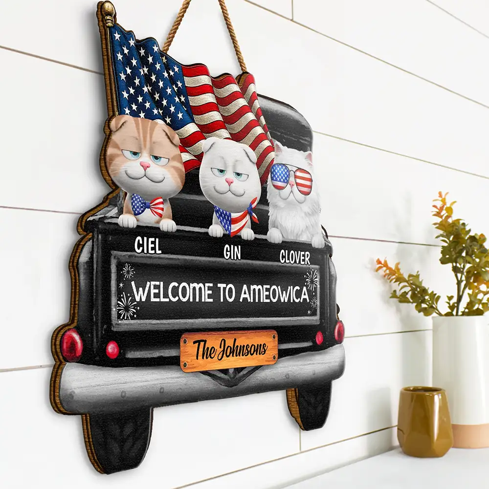 Cat Lovers, Cat Mom, America 250th, Independence Day, Funny - Welcome To Ameowica - Personalized Custom Shaped Wood Sign