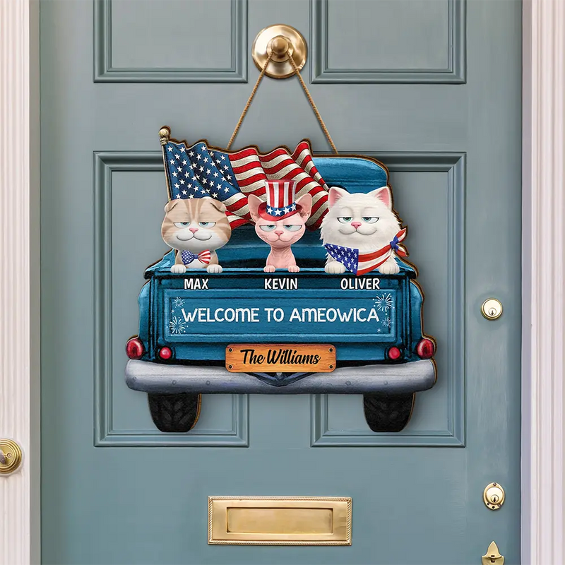 Cat Lovers, Cat Mom, America 250th, Independence Day, Funny - Welcome To Ameowica - Personalized Custom Shaped Wood Sign