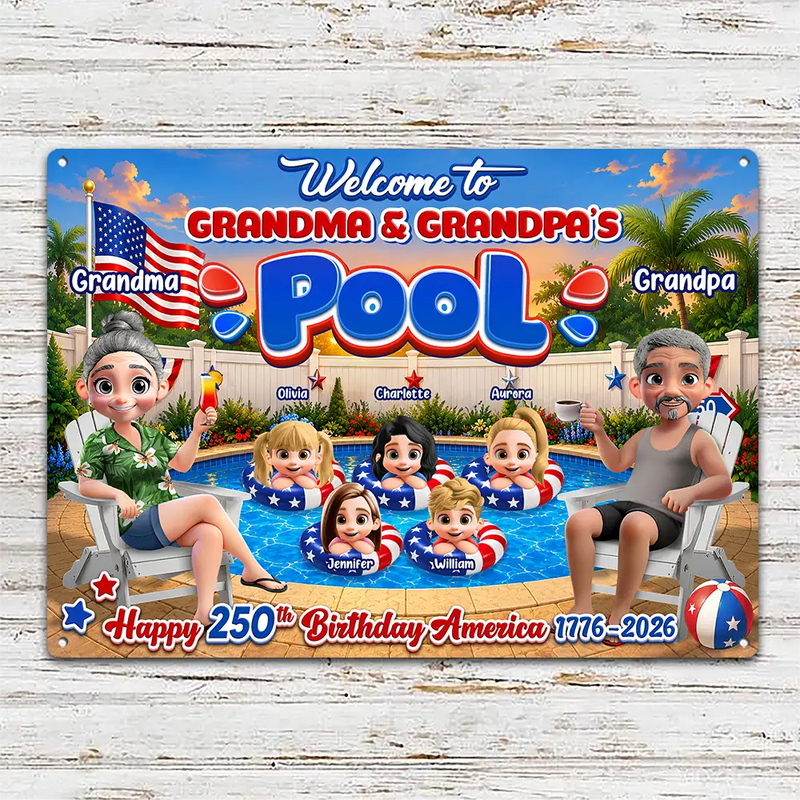 America 250th, Independence Day, Grandparents, Top Market, Playful, Vector - Welcome To Grandma Grandpa Pool 250th Anniversary - Personalized Classic Metal Signs